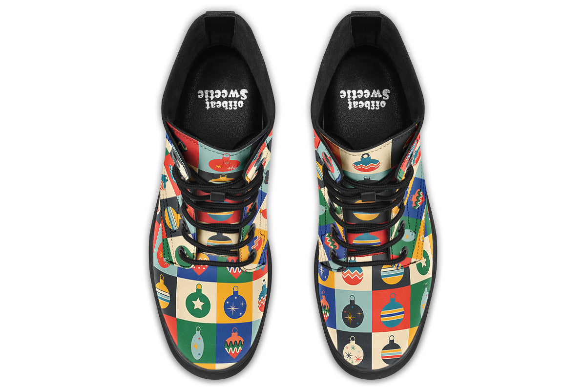 These boots feature a pattern of many squares, with each square having a different Christmas bauble in it and a different coloured background such as cream, mustard yellow, red, green and blue. 