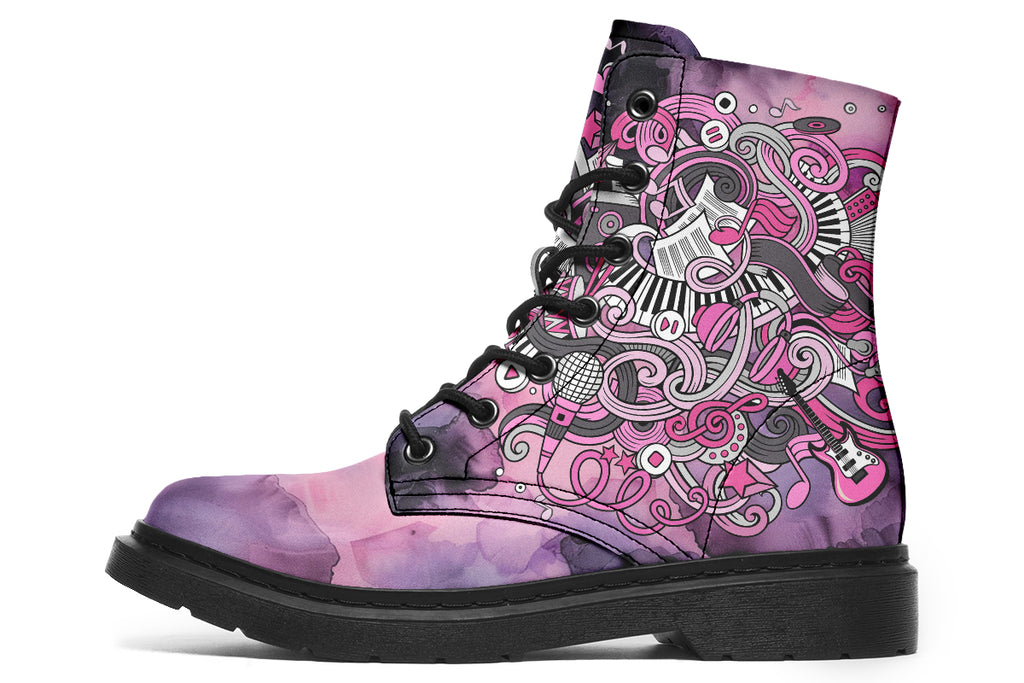 Purple and pink music-themed patterned boot with black sole. Design shows musical instruments, treble clefs, sheet music etc amongst decorative swirls.