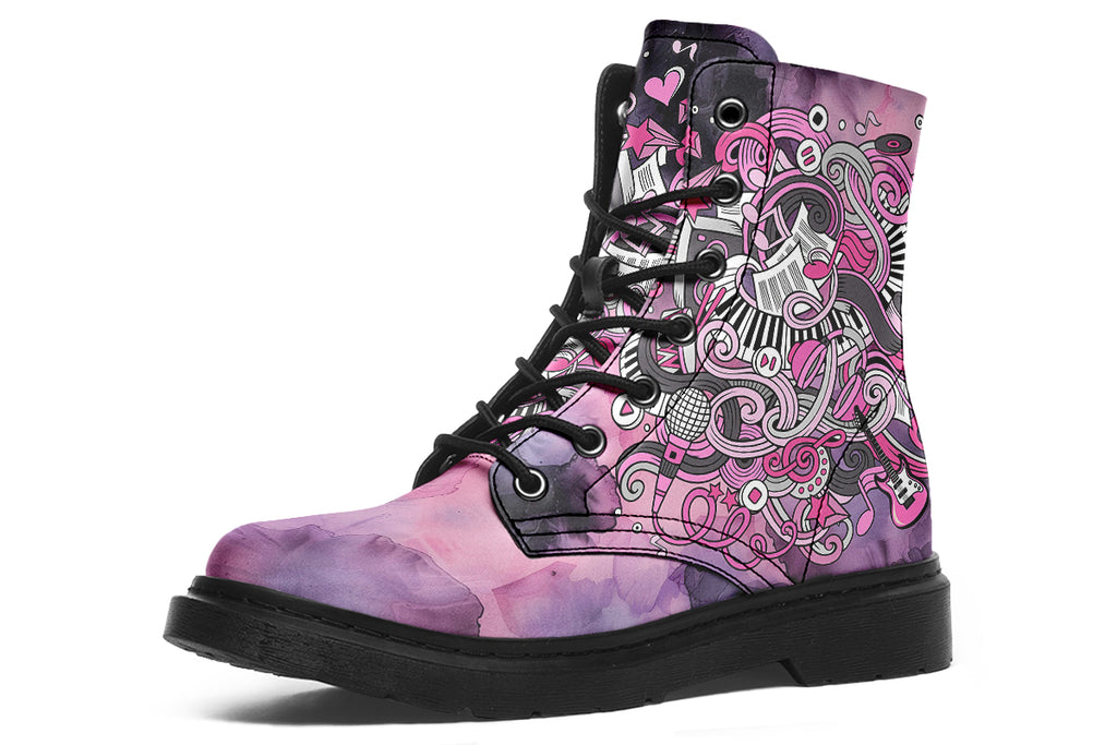 Purple and pink music-themed patterned boot with black sole. Design shows musical instruments, treble clefs, sheet music etc amongst decorative swirls.