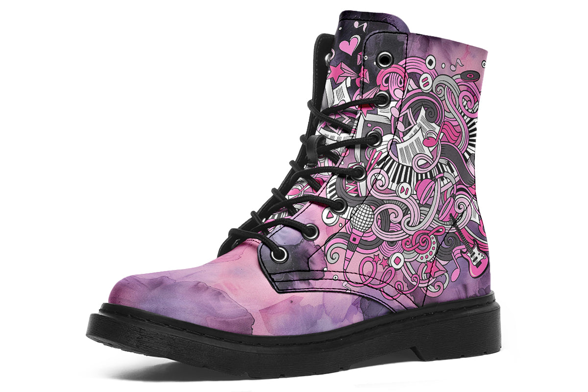 Purple and pink music-themed patterned boot with black sole. Design shows musical instruments, treble clefs, sheet music etc amongst decorative swirls.