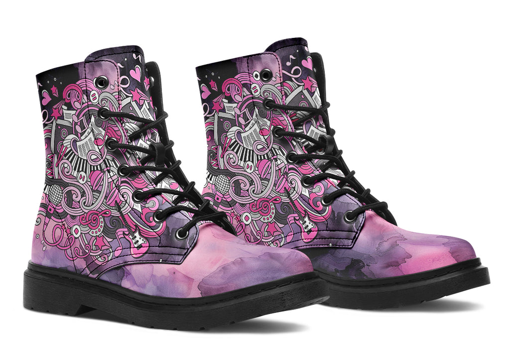 Purple and pink music-themed patterned boot with black sole. Design shows musical instruments, treble clefs, sheet music etc amongst decorative swirls.