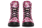 Boots featuring a pink and white floral pattern on a dark reddish pink background