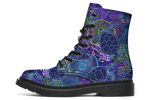 Boots with a black sole and sea-turtle themed design in hues of blues and purples.
