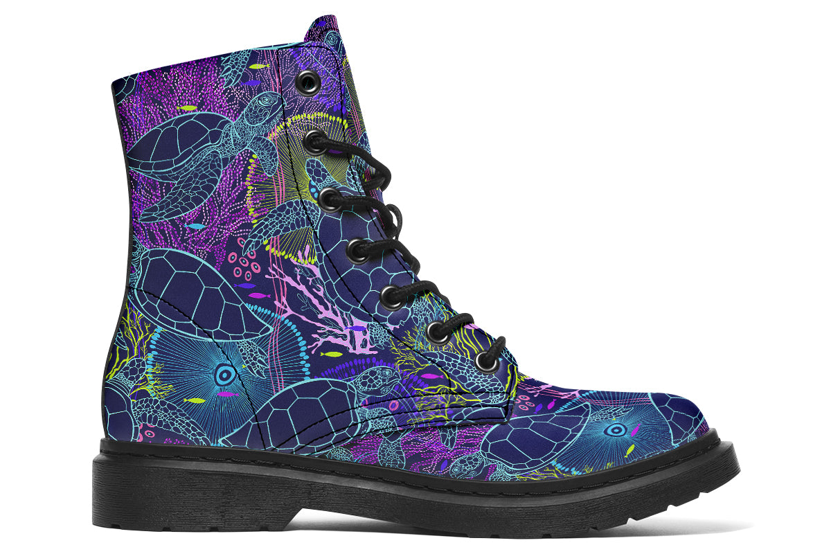 Boots with a black sole and sea-turtle themed design in hues of blues and purples.