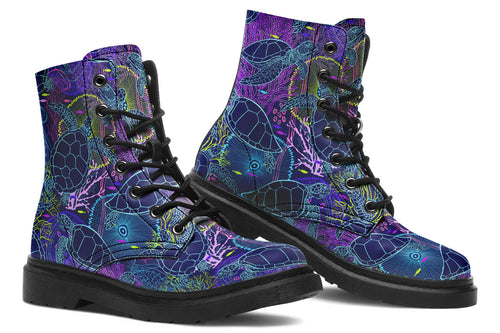Boots with a black sole and sea-turtle themed design in hues of blues and purples.