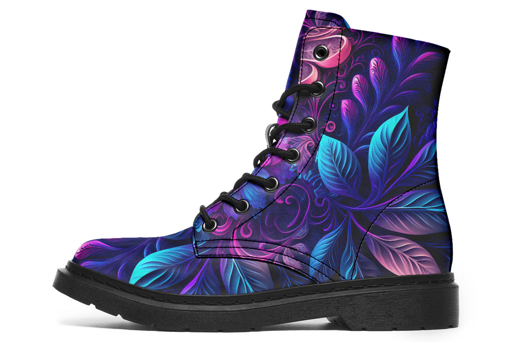 Dark purple boots featuring a leafy floral design in hues of purples and blues