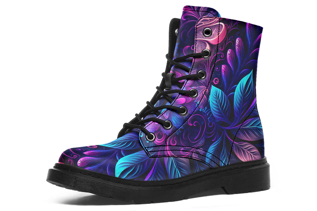 Dark purple boots featuring a leafy floral design in hues of purples and blues