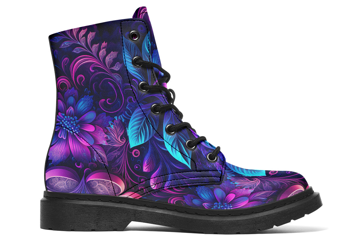 Dark purple boots featuring a leafy floral design in hues of purples and blues