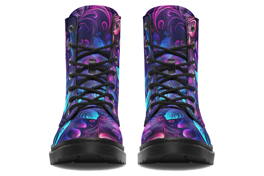 Dark purple boots featuring a leafy floral design in hues of purples and blues