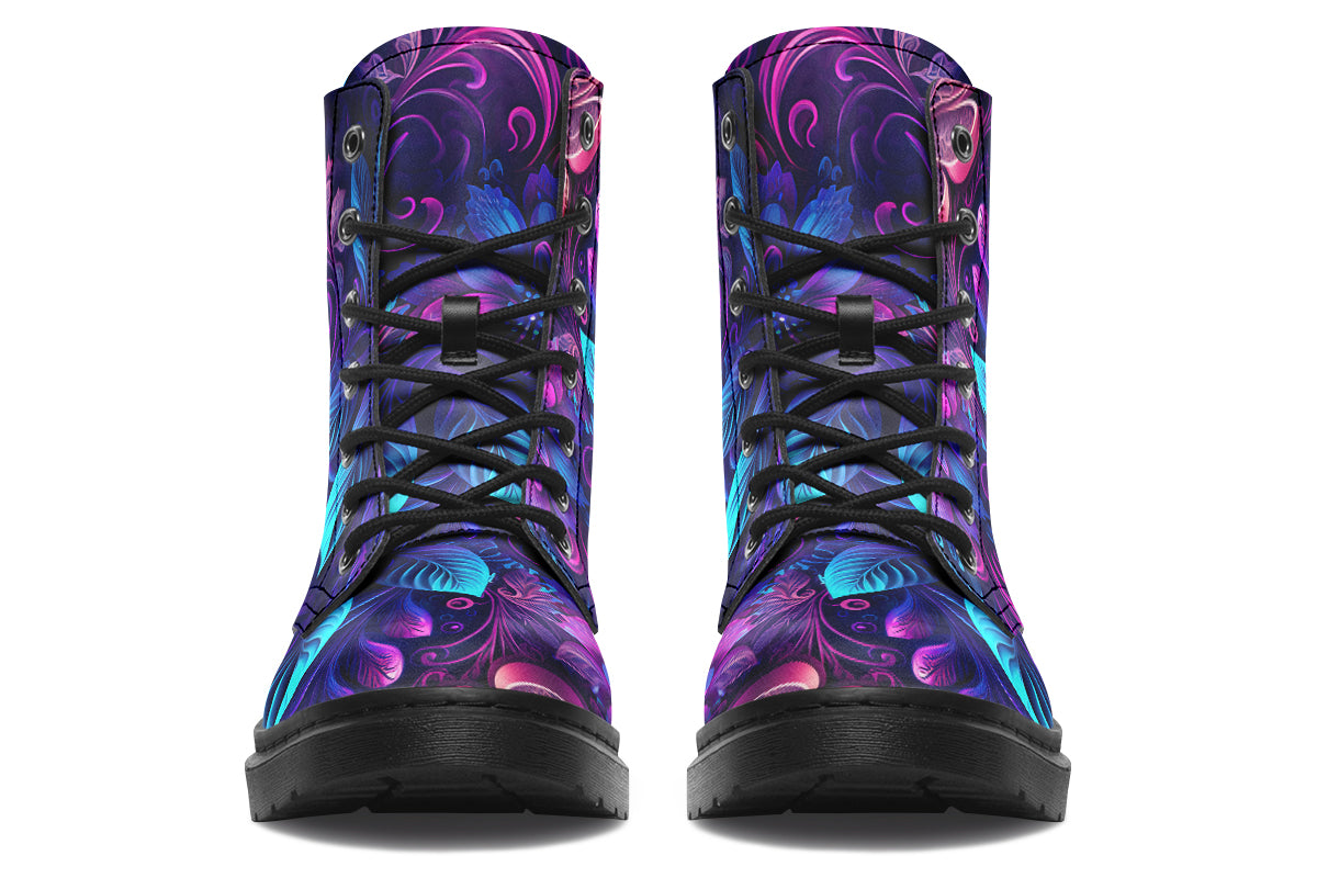 Dark purple boots featuring a leafy floral design in hues of purples and blues