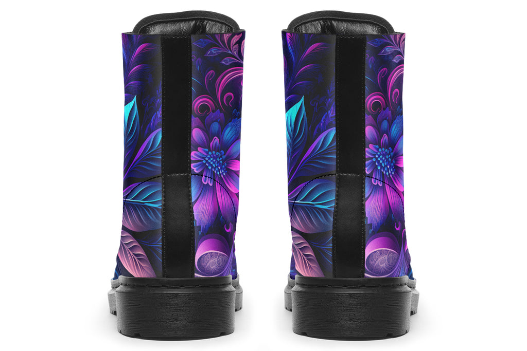 Dark purple boots featuring a leafy floral design in hues of purples and blues