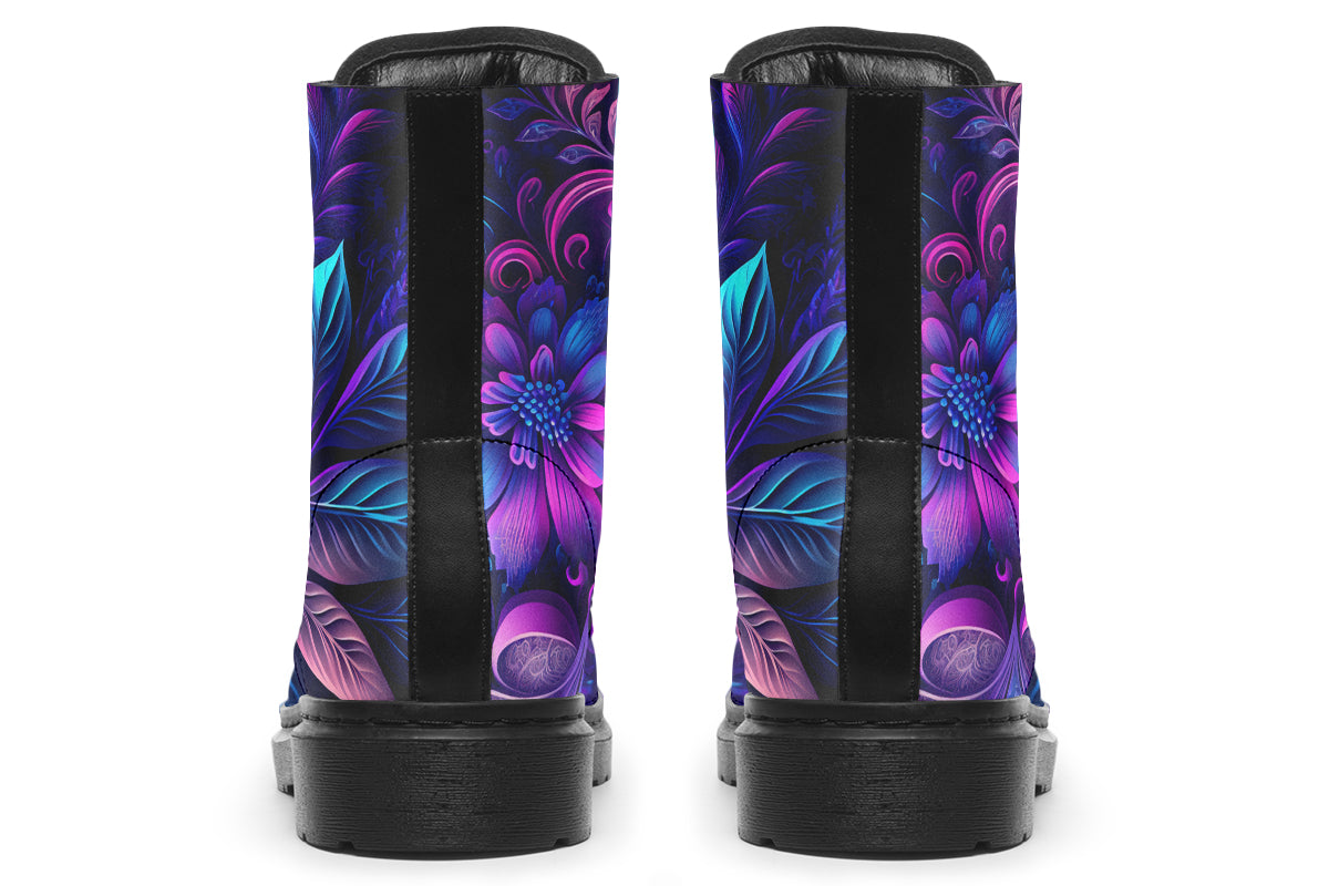 Dark purple boots featuring a leafy floral design in hues of purples and blues