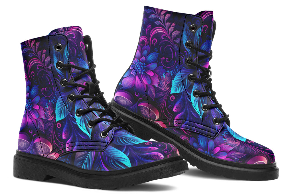 Dark purple boots featuring a leafy floral design in hues of purples and blues
