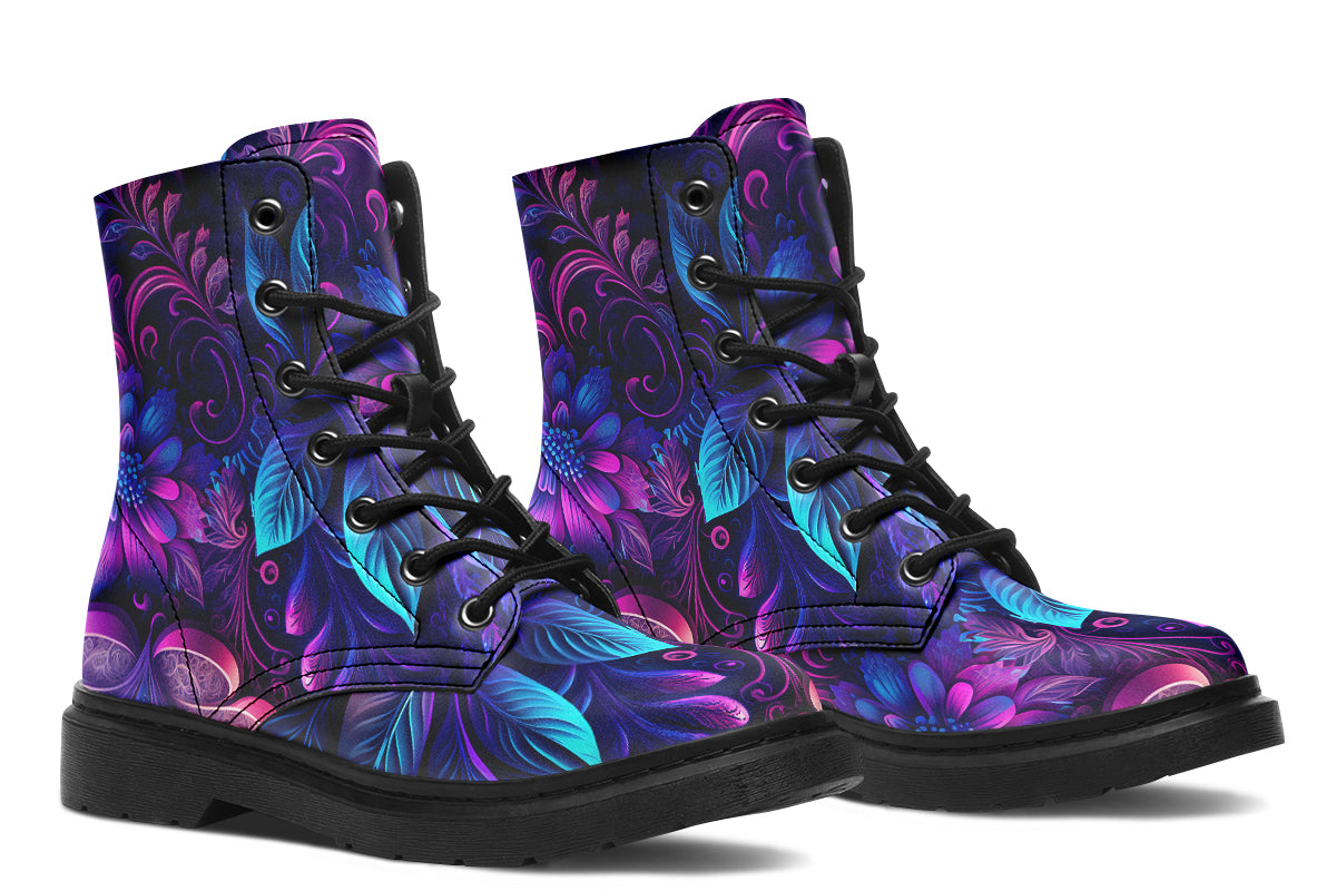 Dark purple boots featuring a leafy floral design in hues of purples and blues