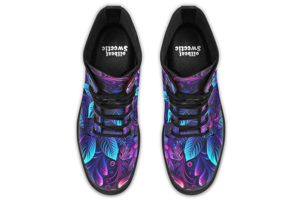 Dark purple boots featuring a leafy floral design in hues of purples and blues