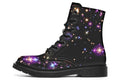 Black space-themed boots with white and purple star patterns all over them