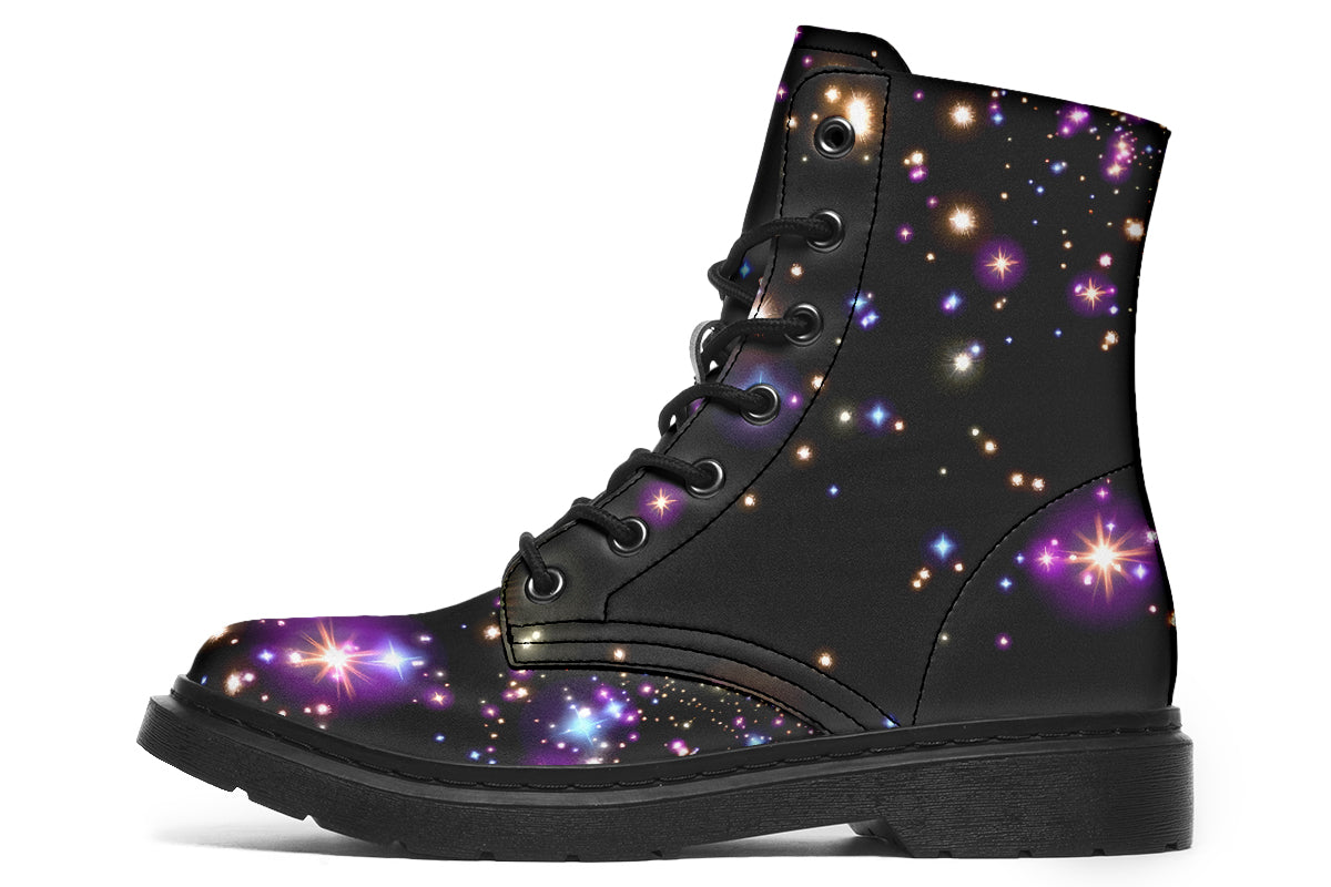 Black space-themed boots with white and purple star patterns all over them
