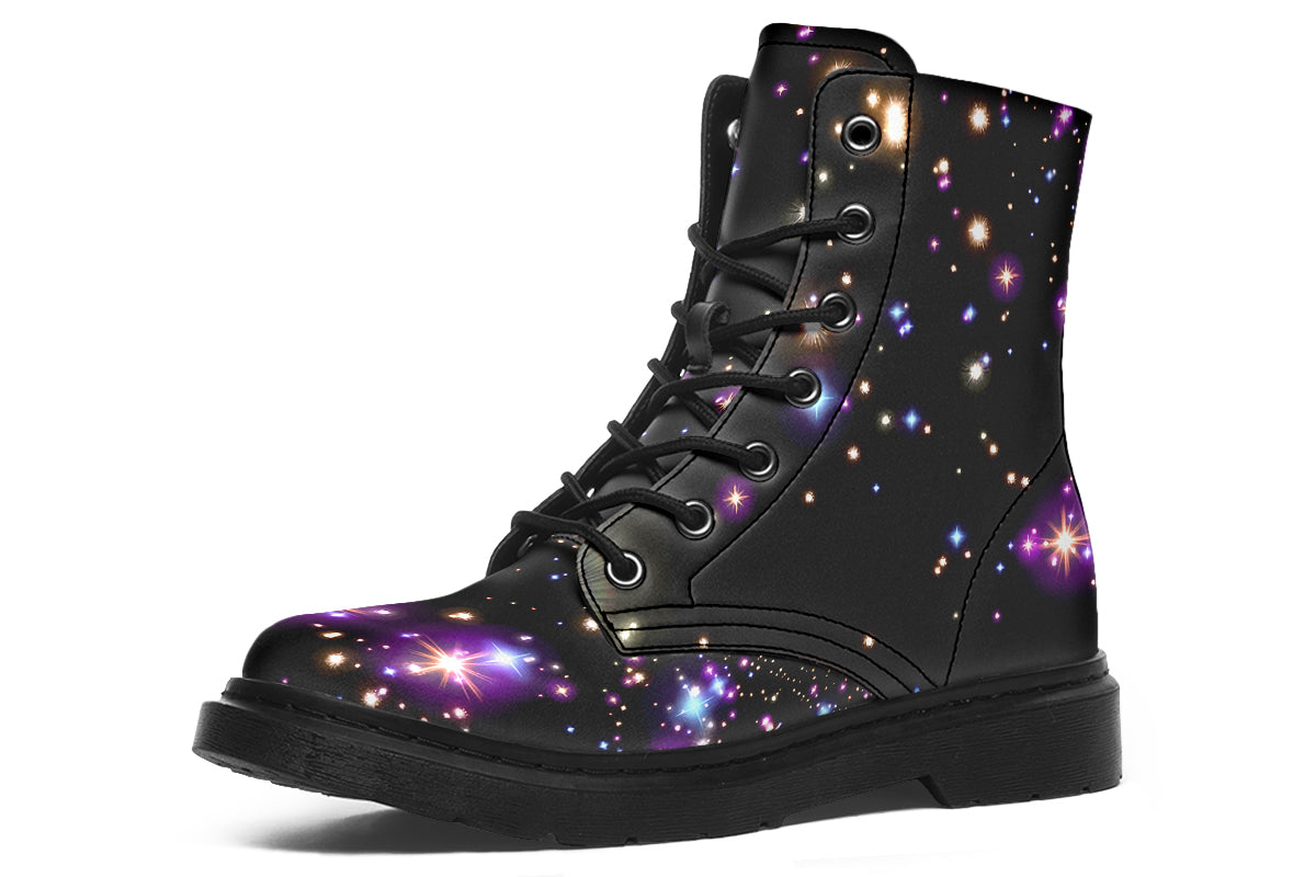 Black space-themed boots with white and purple star patterns all over them