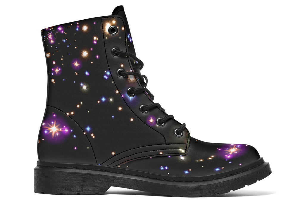 Black space-themed boots with white and purple star patterns all over them