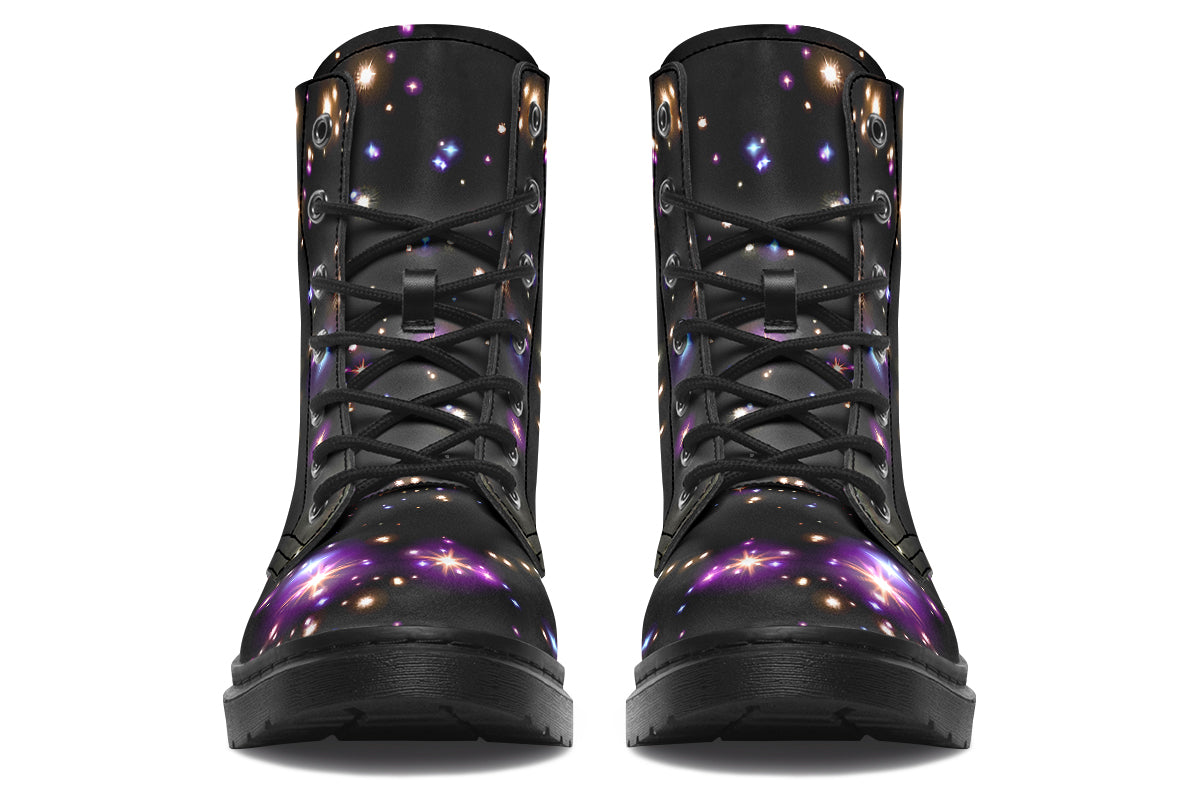 Black space-themed boots with white and purple star patterns all over them