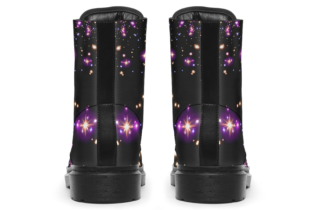 Black space-themed boots with white and purple star patterns all over them