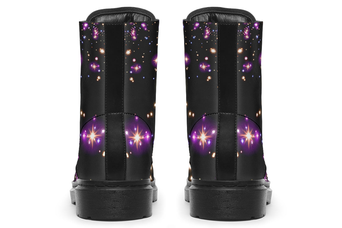 Black space-themed boots with white and purple star patterns all over them