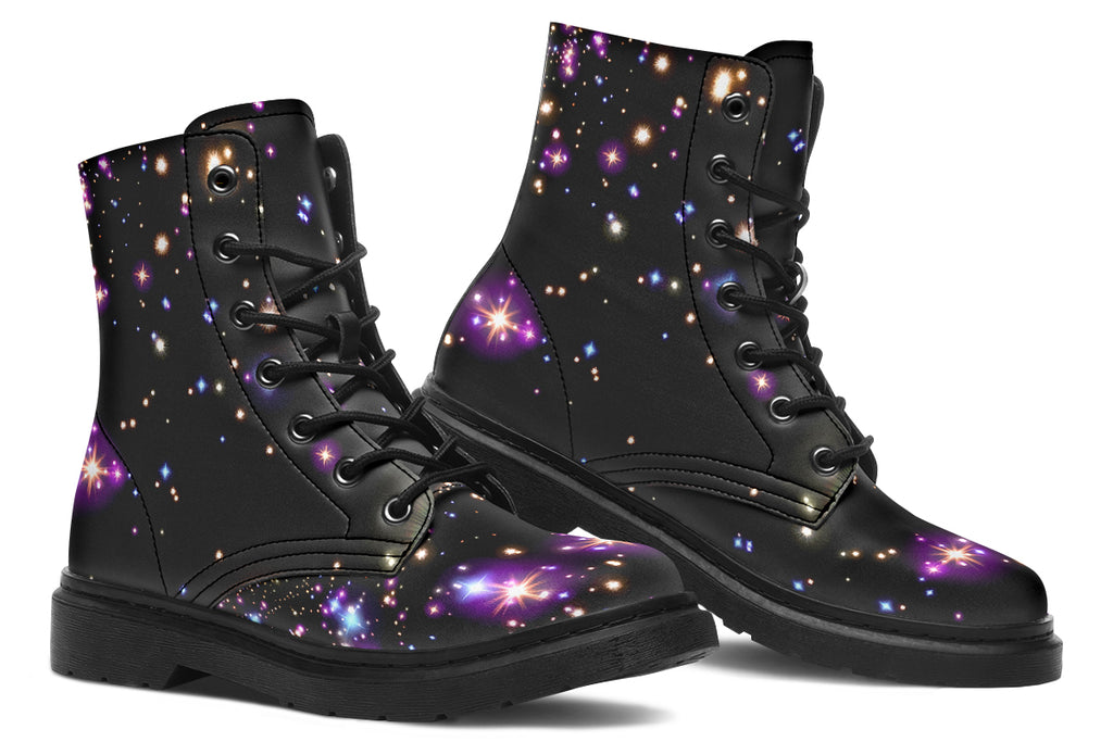 Black space-themed boots with white and purple star patterns all over them
