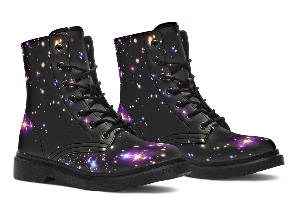 Black space-themed boots with white and purple star patterns all over them