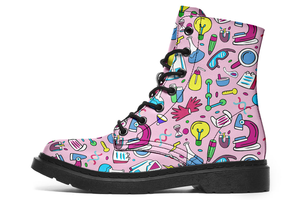 Pink boots featuring a pattern of various STEM icons, such as microscopes, lab coats, DNA helix, microscopes, gloves and beakers. 