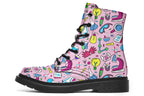 Pink boots featuring a pattern of various STEM icons, such as microscopes, lab coats, DNA helix, microscopes, gloves and beakers. 