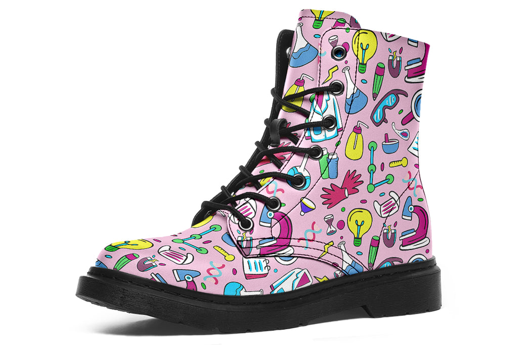 Pink boots featuring a pattern of various STEM icons, such as microscopes, lab coats, DNA helix, microscopes, gloves and beakers. 
