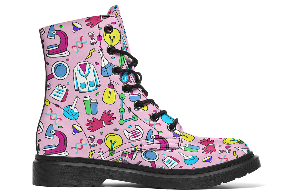 Pink boots featuring a pattern of various STEM icons, such as microscopes, lab coats, DNA helix, microscopes, gloves and beakers. 