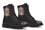 Black boots with a sugar skull design on each side, with a rainbow pattern on the skull and different colours flowers coming out from behind the skull. The toes of the boots feature a matching flower design.