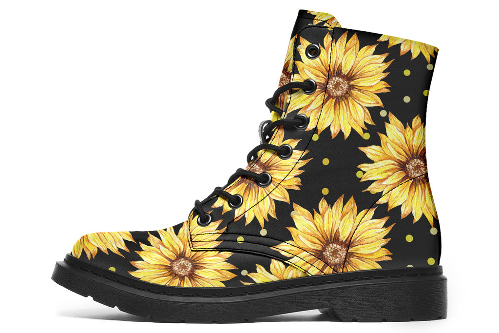 Black boots with a yellow sunflower pattern, with yellow polka dots