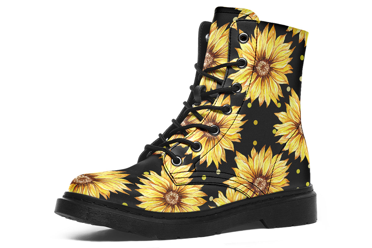 Black boots with a yellow sunflower pattern, with yellow polka dots