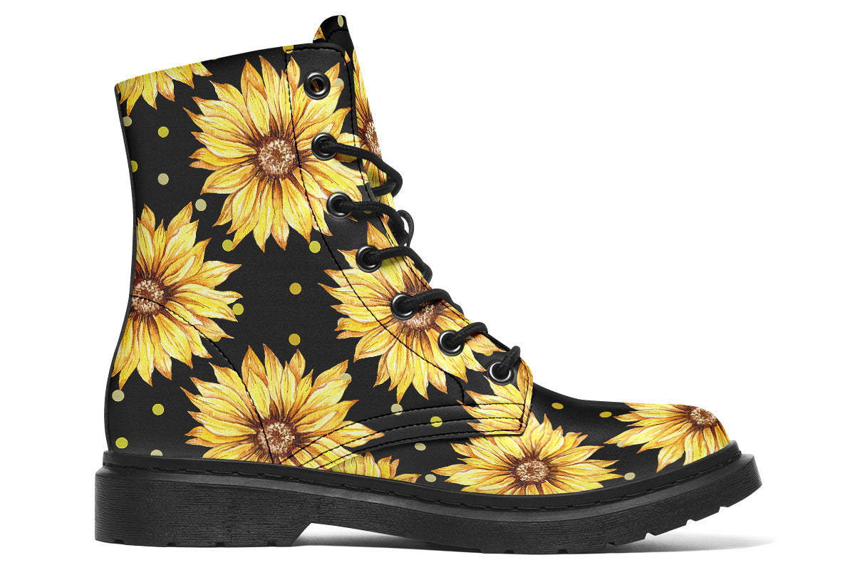 Black boots with a yellow sunflower pattern, with yellow polka dots
