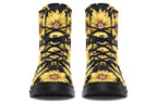 Black boots with a yellow sunflower pattern, with yellow polka dots