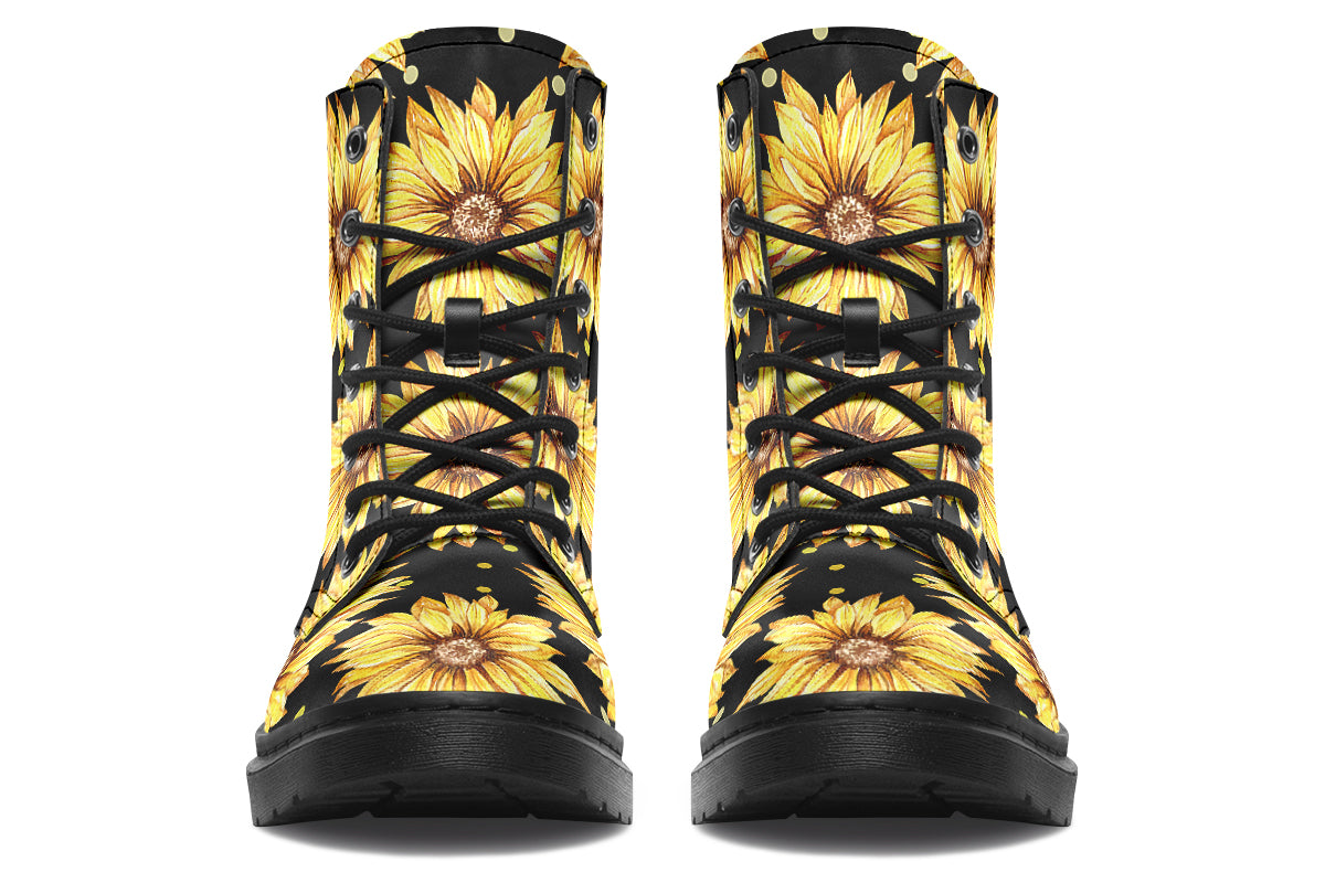 Black boots with a yellow sunflower pattern, with yellow polka dots