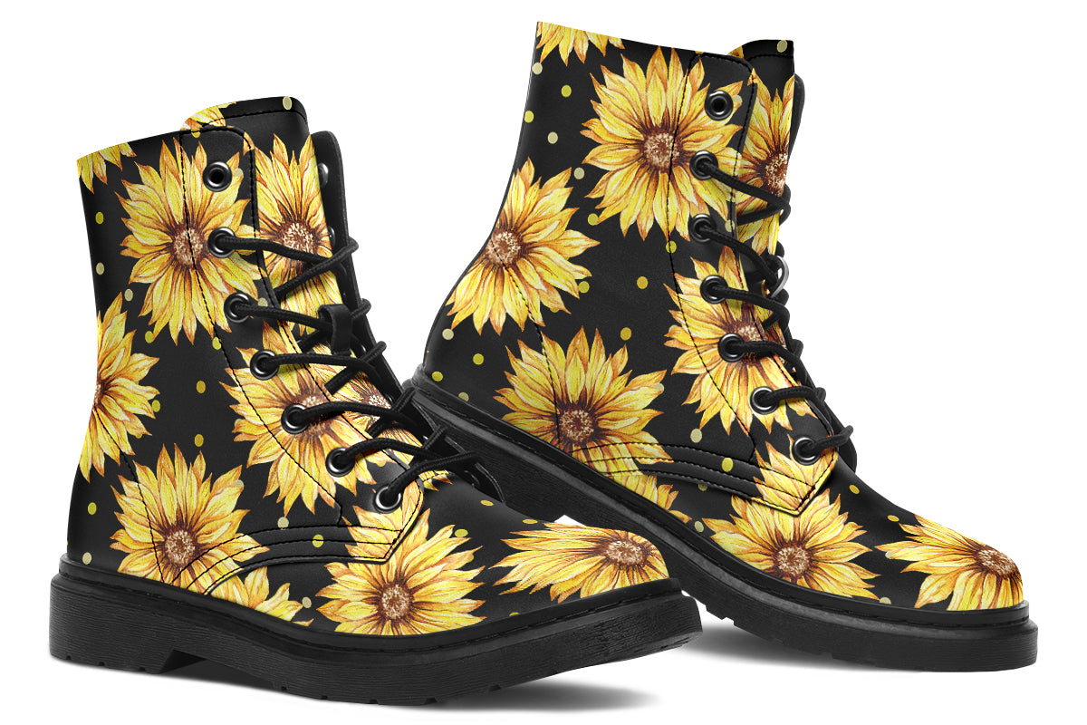 Black boots with a yellow sunflower pattern, with yellow polka dots