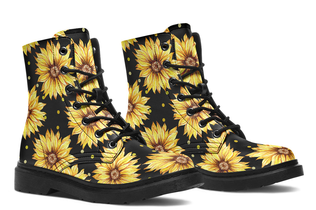 Black boots with a yellow sunflower pattern, with yellow polka dots