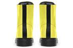 Bright yellow boots with a black sole.
