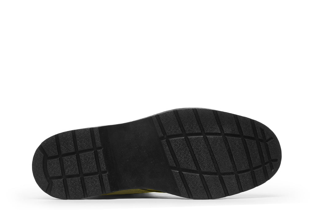 Bright yellow boots with a black sole.