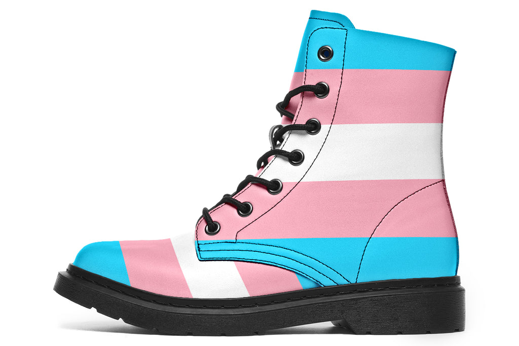 Boots in the colours of the trans flag, blue, pink and white