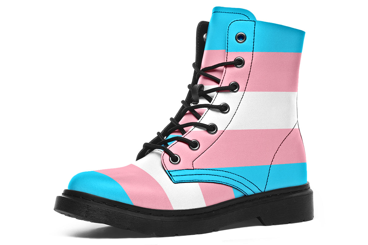 Boots in the colours of the trans flag, blue, pink and white
