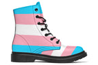 Boots in the colours of the trans flag, blue, pink and white