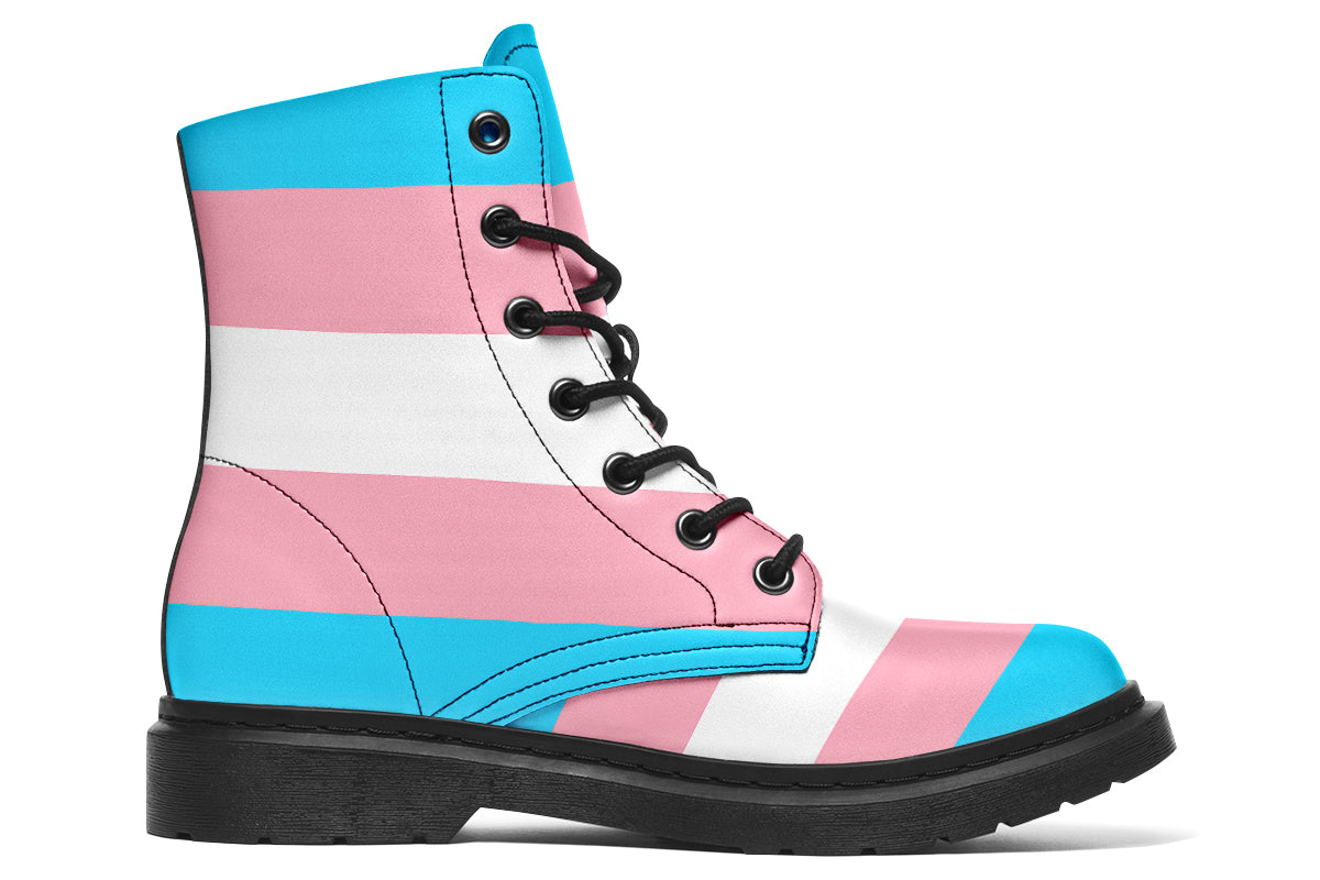 Boots in the colours of the trans flag, blue, pink and white
