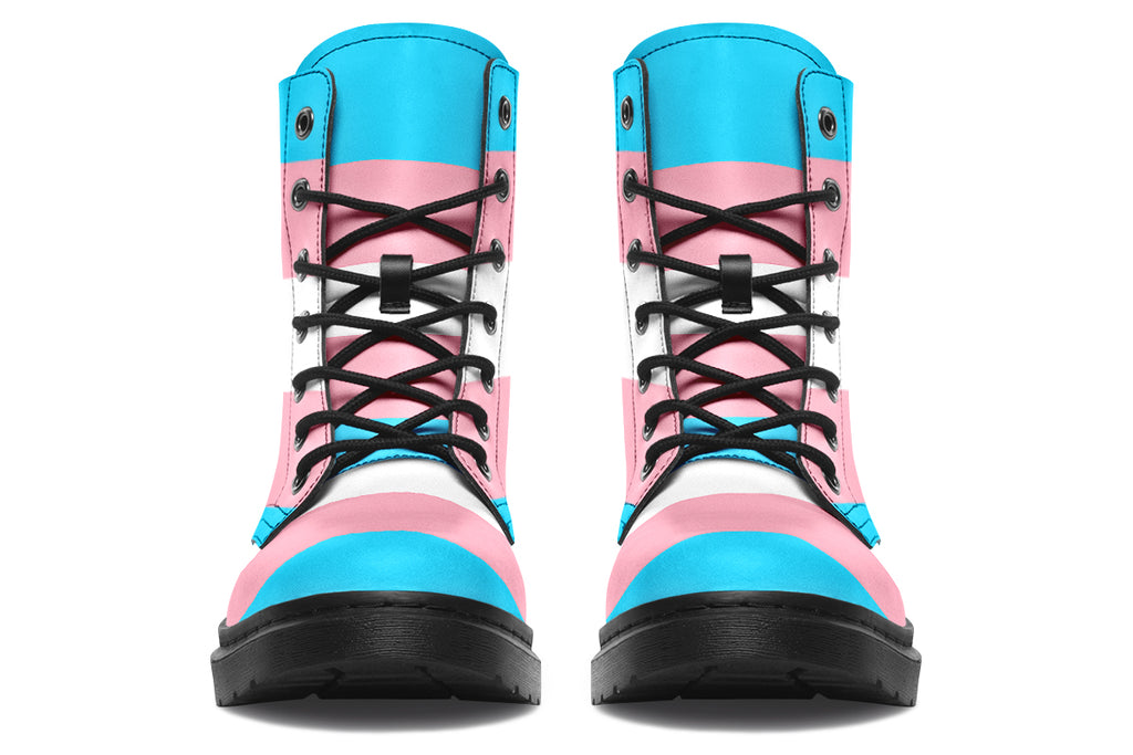 Boots in the colours of the trans flag, blue, pink and white