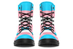 Boots in the colours of the trans flag, blue, pink and white