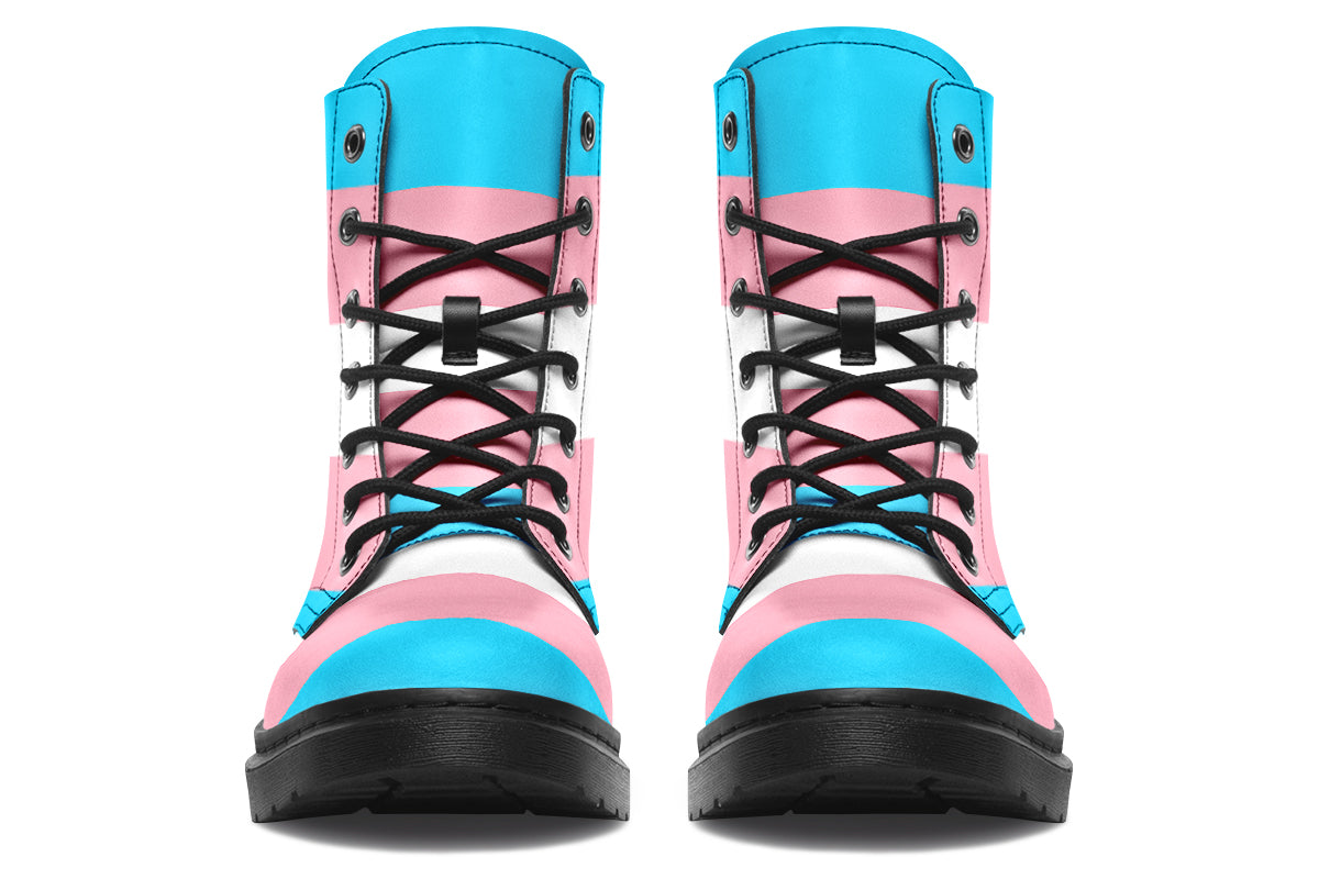 Boots in the colours of the trans flag, blue, pink and white