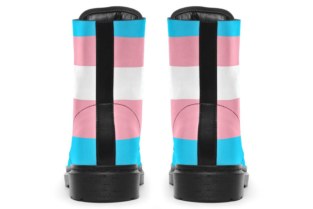 Boots in the colours of the trans flag, blue, pink and white